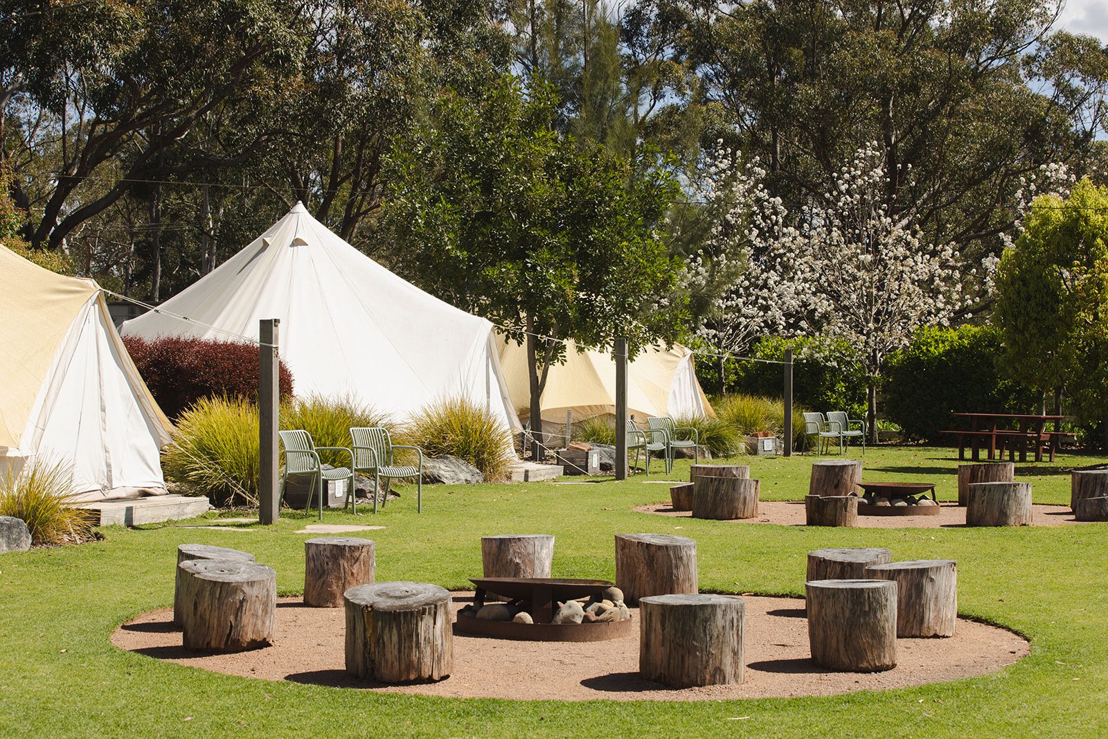 Bell tents around a ring of log seats and a firepit on the lawn