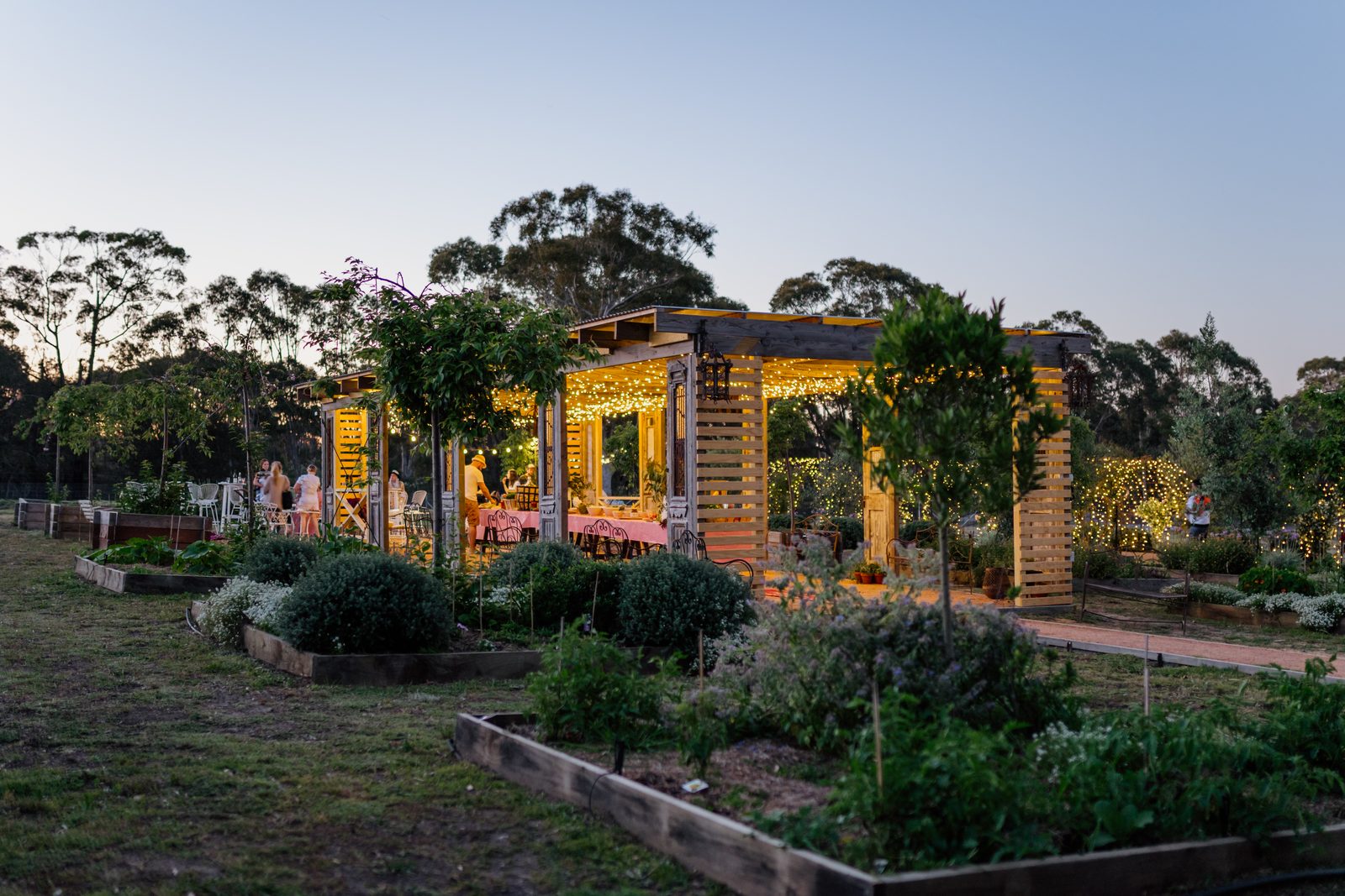 The Veggie and Pizza Garden pergola lit up at dusk