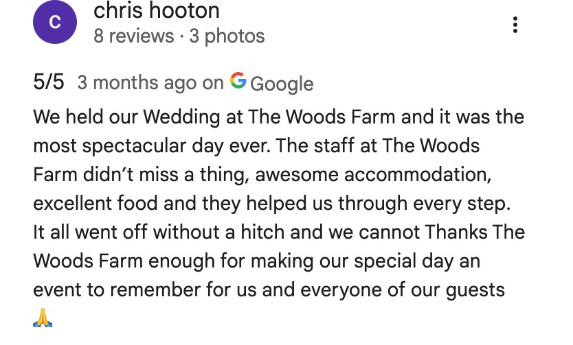 Five-star Google review from Chris Hooton, who married at The Woods Farm