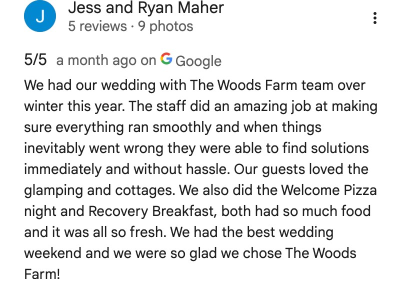 Five-star Google review from Jess and Ryan Maher, who married at The Woods Farm