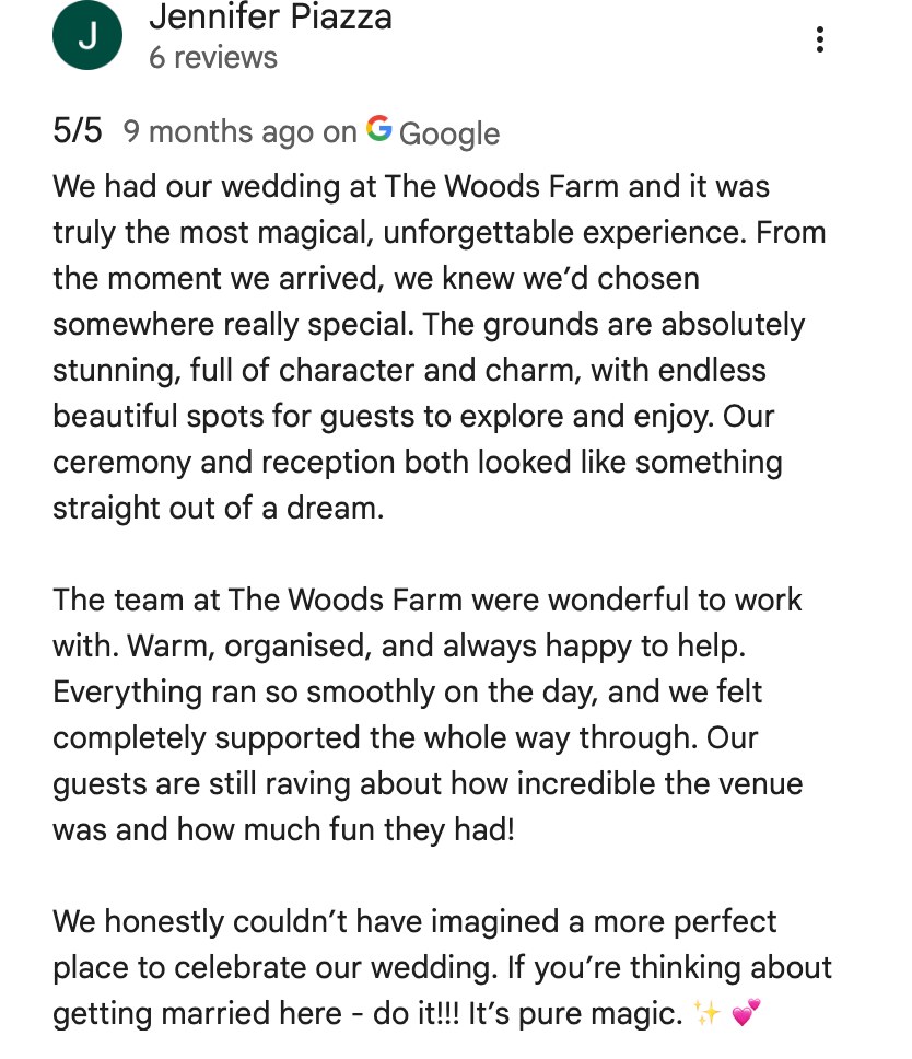 Five-star Google review from Jennifer Piazza, who married at The Woods Farm