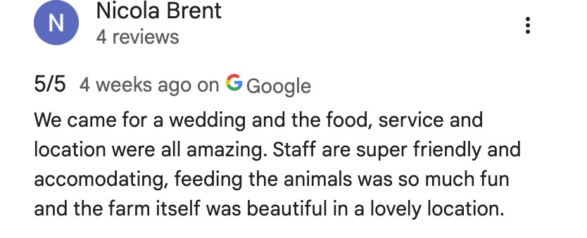 Five-star Google review from Nicola Brent, a wedding guest